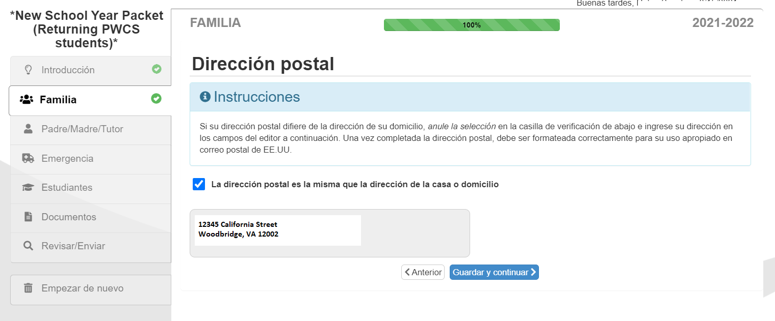 Pantalla de dirección de correo postal