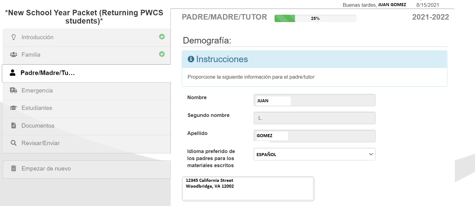 Pantalla de datos demográficos