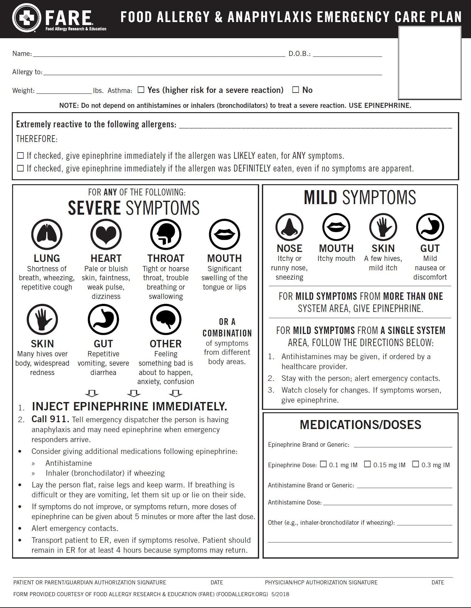 Food Allergy Care Plan