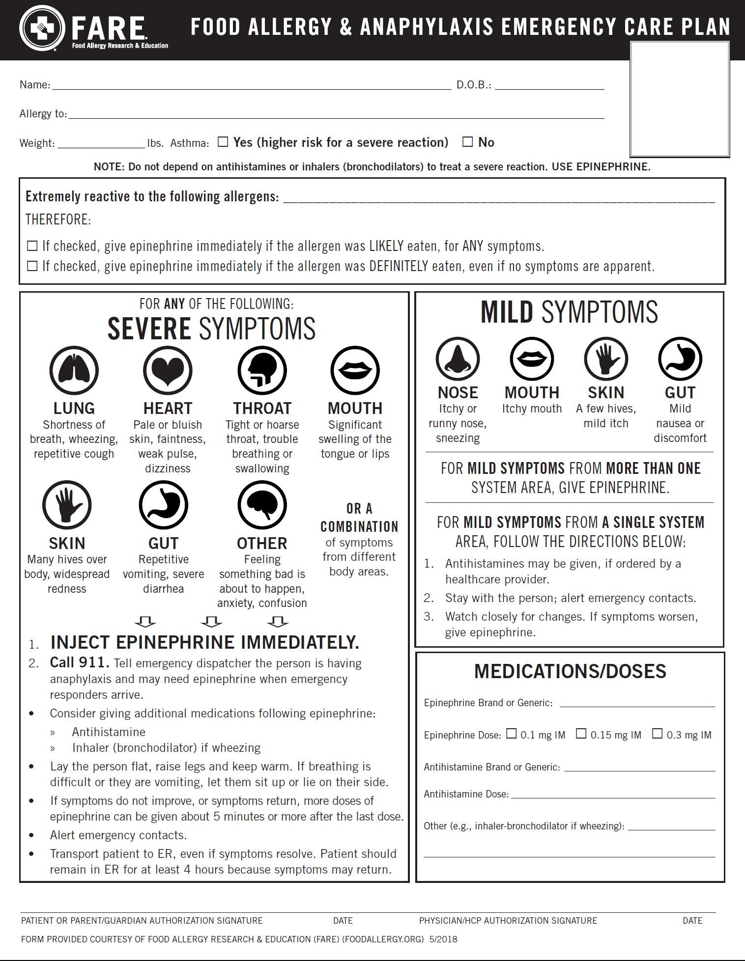 Food Allergy Care Plan