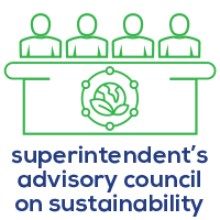 Logo for the Superintendent’s Advisory Council on Sustainability, featuring four figures seated at a table with a green leaf emblem.