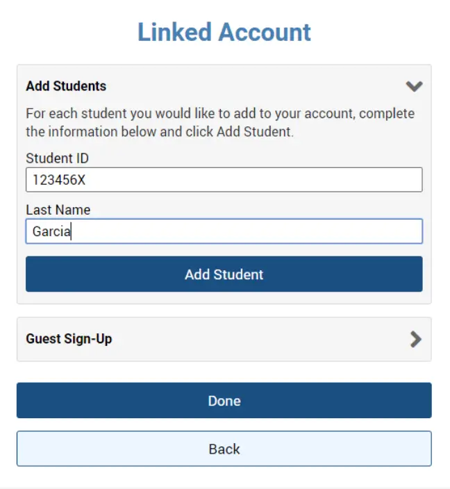 Form interface for adding students to a linked account, featuring fields for Student ID and Last Name.