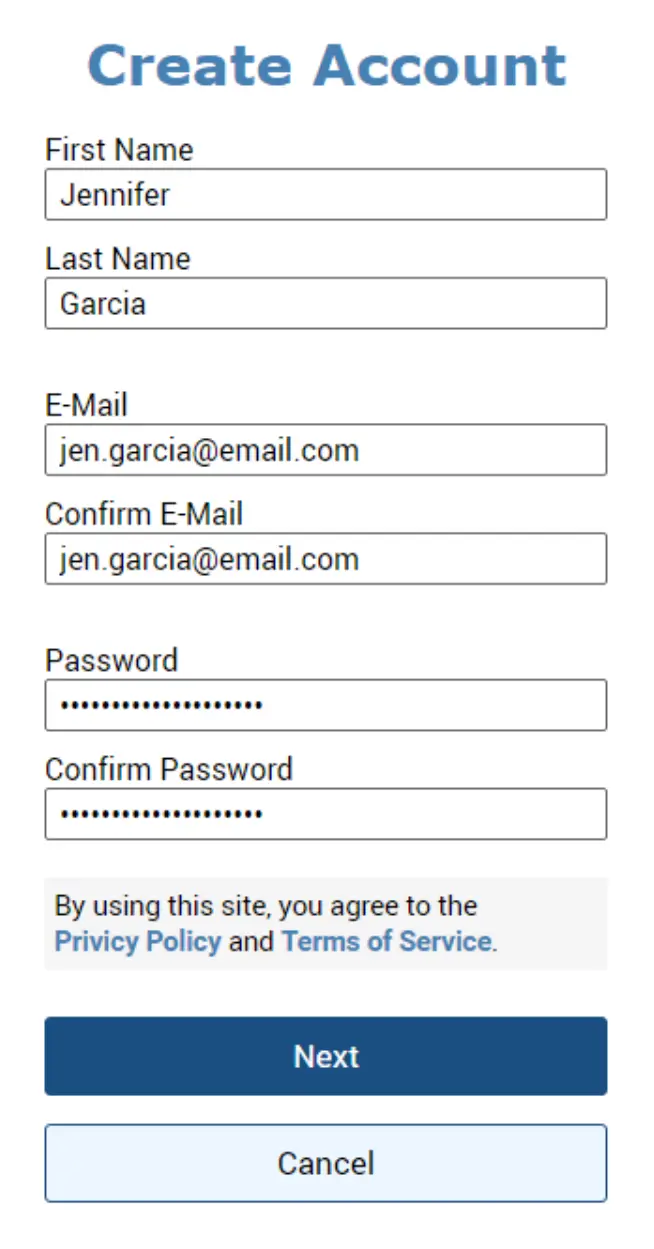 Sign-up form for creating a new account, featuring fields for first name, last name, email, password, and buttons for proceeding or canceling.