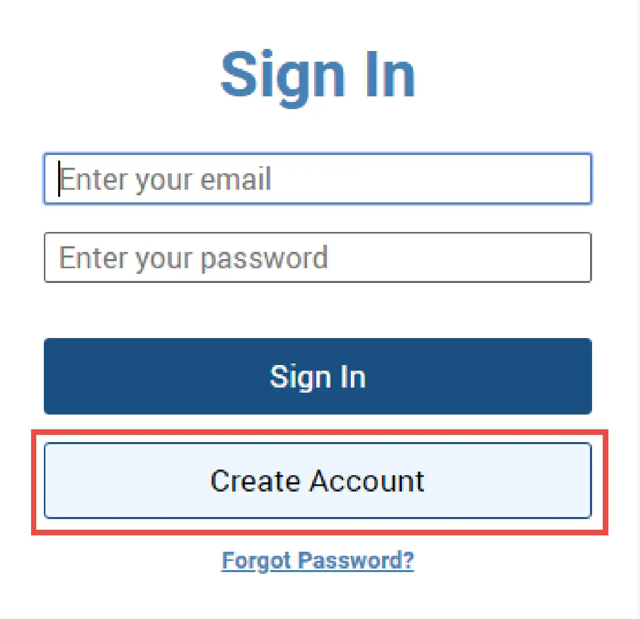 Login form with fields for email and password, and a prominent "Create Account" button beneath.