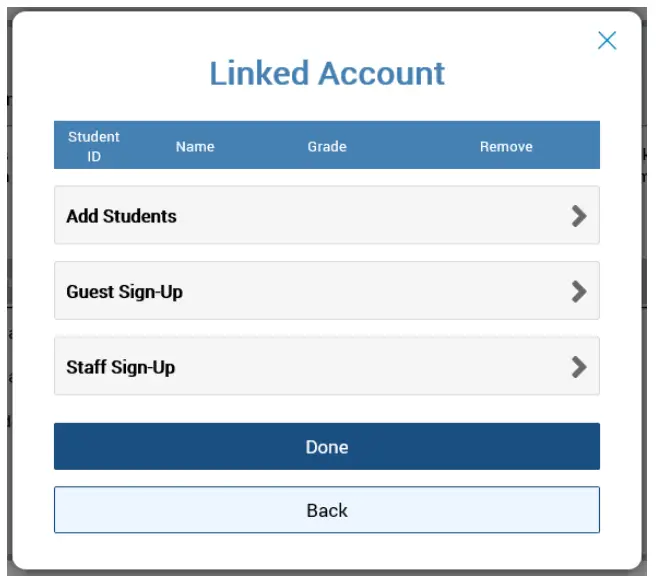 User interface displaying options for managing linked accounts, including adding students, guest sign-up, and staff sign-up.