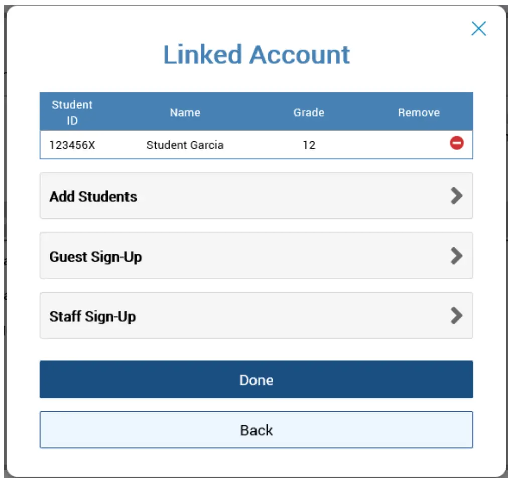 Screenshot of a user interface for managing linked accounts, displaying a student entry with options to add students and sign up guests or staff.