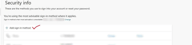Screenshot of the Security info screen with the Add sign-in method option