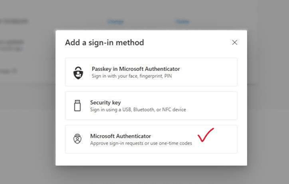 Screenshot of the Add a sign-in method options