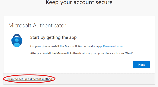 Screenshot for set up a different authenticator method option