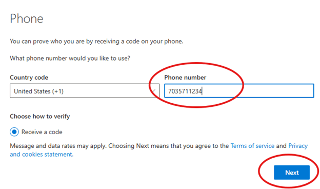 Screenshot of the enter phone number screen