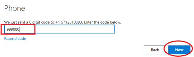 Screenshot of where the user enters the 6-digit code to confirm their phone number