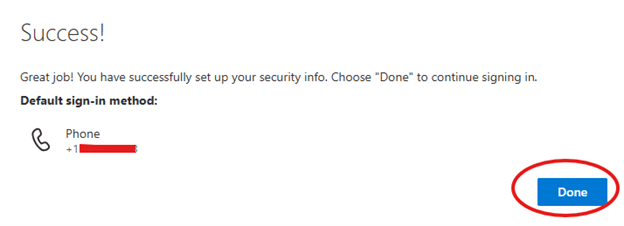Screenshot of the success message