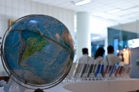 A globe on a desk