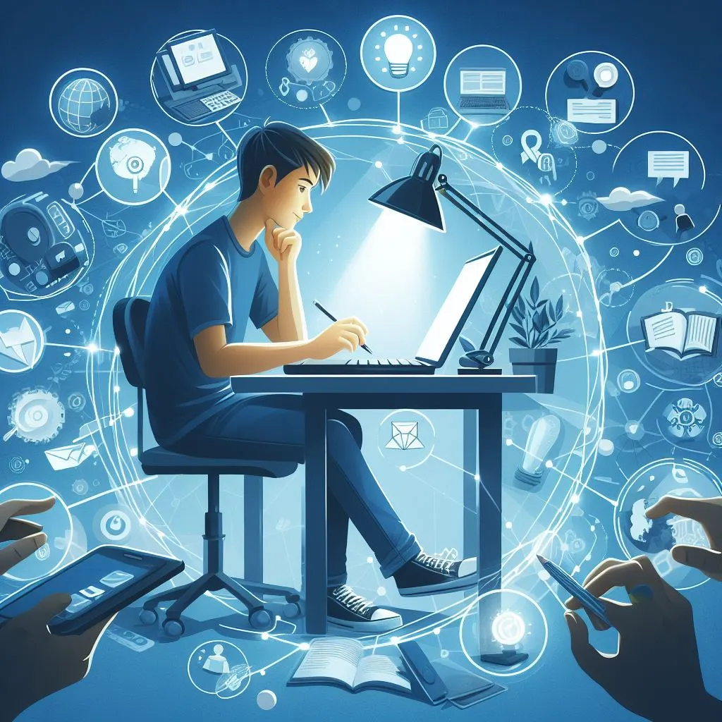 AI generated image of boy at desk with laptop with learning and technology icons around him