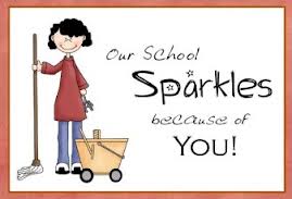 Drawing of a woman holding a mop. The words "Our School Sparkles Because of You" are written beside her.