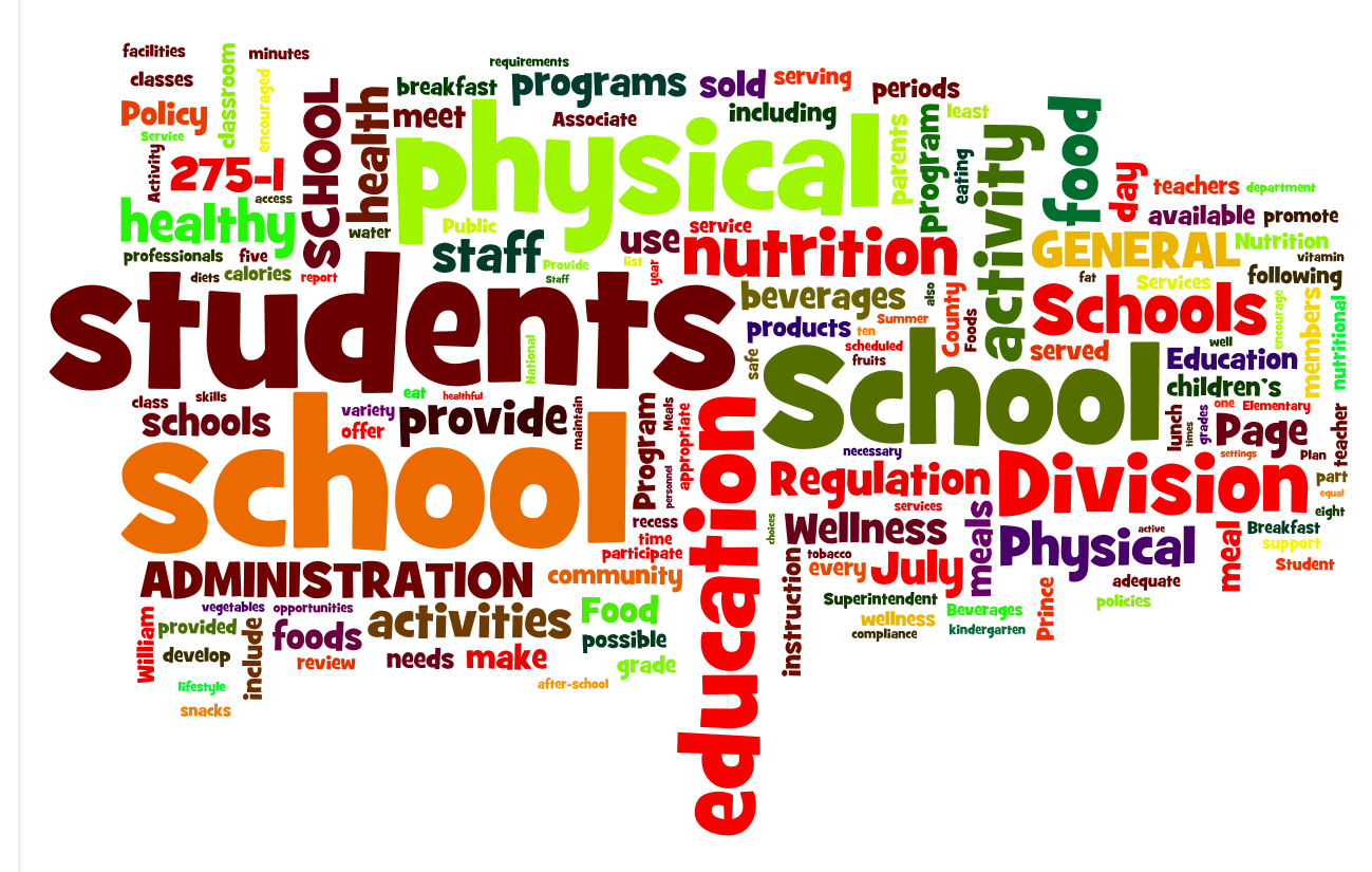 Montage of words including schools, division, physical, nutrition.