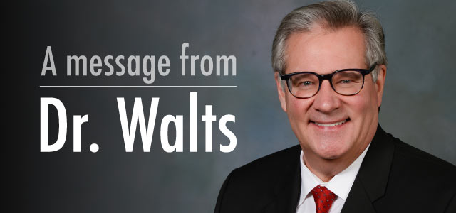 Head shot of Superintendent Walts. Message from Dr. Walts