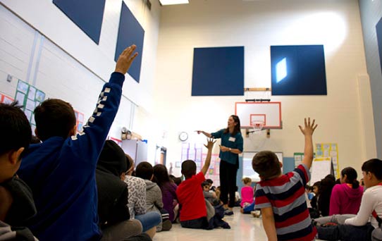 Angela Dominquez takes questions from Yorkshire Elementary students.