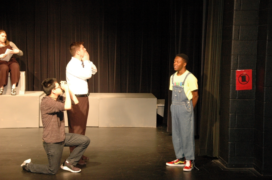 WSHS students performing in "110 Stories" From L-R: Skyler Hill, Michael Plaugher, Kevin Turcios, Donovyn James