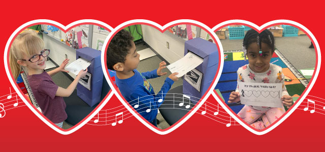 collage of three students with their valentines outlined in heart frames and a string of musical notes