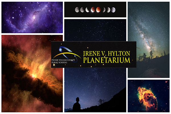 Irene V. Hylton Planetarium logo overlaid on a collage of photos of the cosmic universe