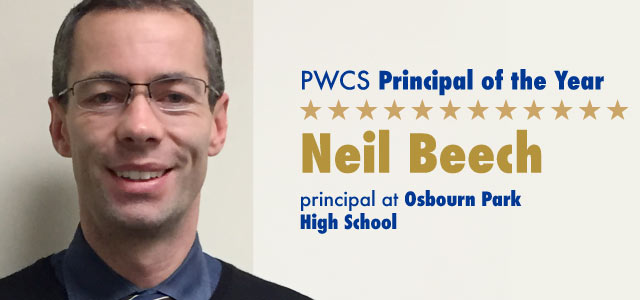 A headshot photo of Neil Beech Text: PWCS Principal of the Year Neil Beech Principal of Osbourn Park High School