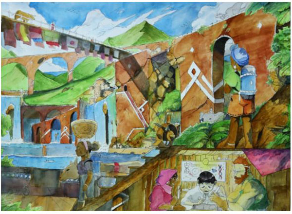Watercolor painting that took first place - a village living next to a river