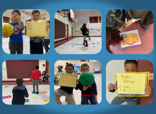 Collage of six photos of DCES students playing basketball and learning