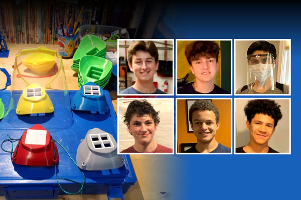 head shots of six high schoolers against a backdrop of 3D-printed masks on a table