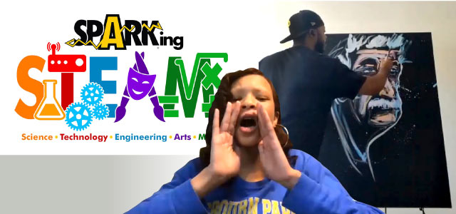 SPARKing STEAM Logo with student host and artist