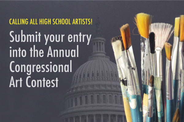 A collection of paint brushes with the Capitol building in the background. Text: Calling all high school artists! Submit your entry into the Annual Congressional Art Contest 