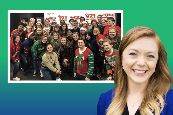 Colgan HS choral teacher McKenna Stenson in the foreground, and a group photo of her with her students at the 97.1 choral group of the year contest