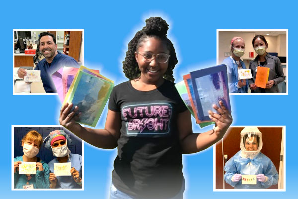 A collage of photos of letters and cards to be sent to first responders, with Bull Run Middle School sixth-grader Zoe Moser in the center holding some cards she will send.