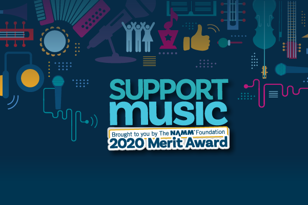 NAMM Support Music logo with images of different aspects of music and performance