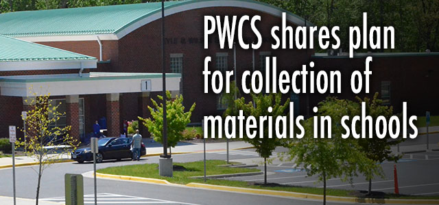 Kyle Wilson ES with a car in the bus lane. Text: PWCS shares plan for collection of materials in schools 