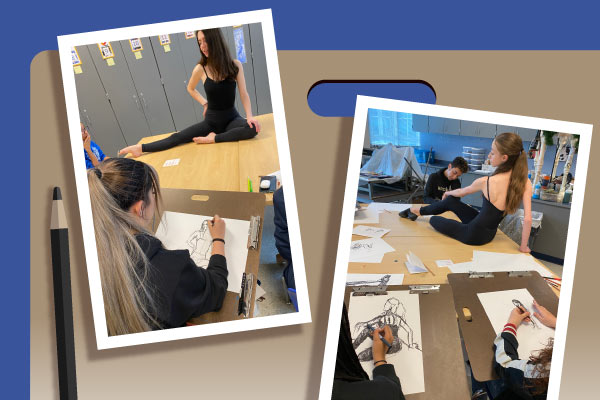 Collage of photos from the art class showing students working on drawings.