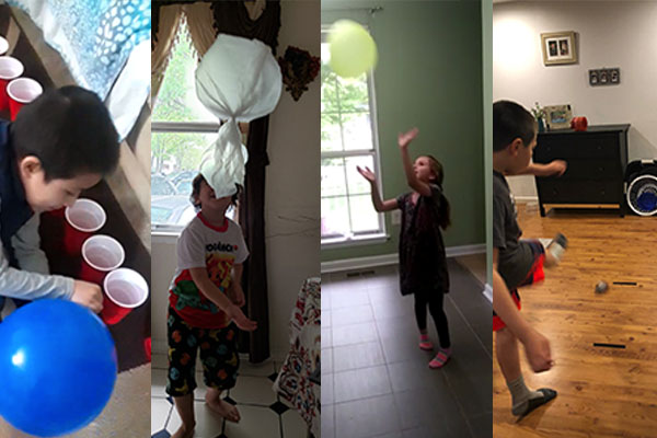 Collage of photos of McAuliffe ES students doing different field day activities at home while participating in the National Field Day event.
