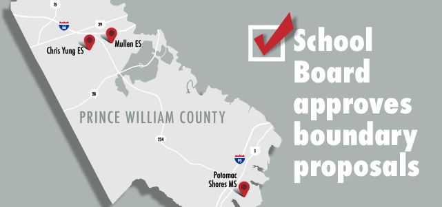 Map image of Prince William County, marking where Potomac Shores MS, Mullen ES and Chris Yung ES are located. School Board approves boundary proposals