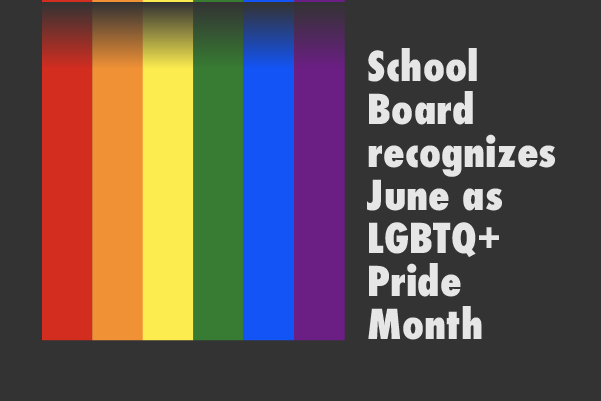 Pride rainbow stripes with text: School Board recognizes June at LGBTQ+ pride month