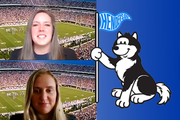 Two headshot photos of Henderson ES teachers with the mascot husky to the right-hand side