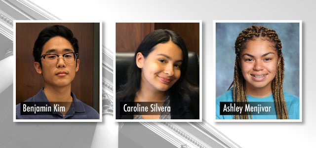 Headshots of Ben Kim, Caroline Silvera, and Ashley Menjivar.- the three student school board reps for the 2020-21 school year