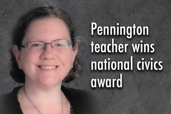 Headshot of Erin Merrill. Text: Pennington teacher wins national civics award