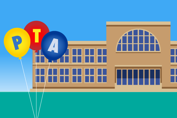 Graphic drawing of a school, with three balloons spelling out PTA on the front of the building