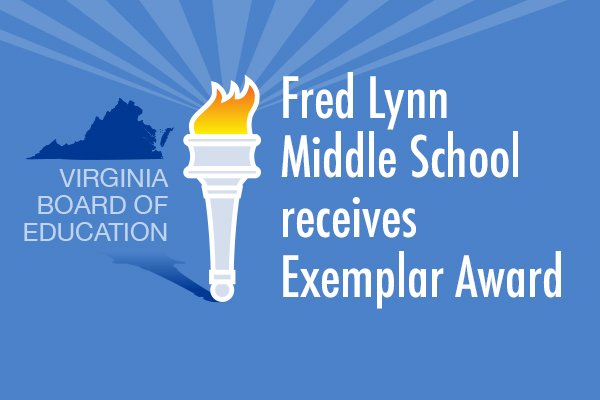 Virginia Boar of Education logo with torch. Fred Lynn Middle School receives Exemplar Award