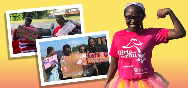 Shamaah Green posing. Two images of her family cheering her on.