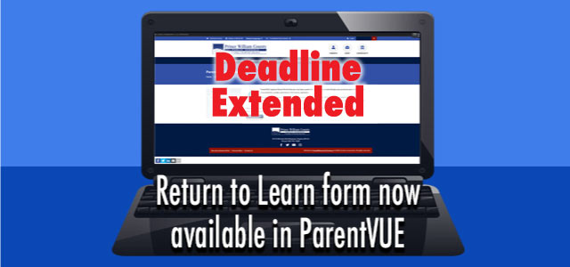 Laptop open. Deadline Extended-Return to Learn for now available in ParentVUE