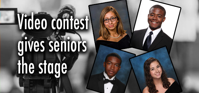 Headshots of Speech Winners. Text: Video Contest Gives Seniors Stage
