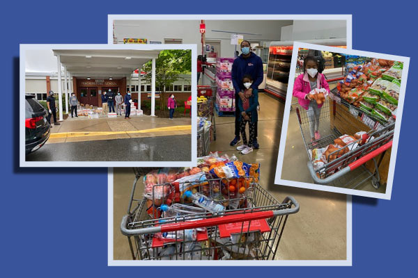 Three images. One of a young girl pushing a shopping cart in a grocery story, a man and young girl in grocery story, a group of six people in from of Featherstone ES.