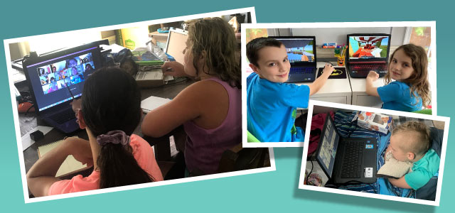 Two girls sitting at a table on a virtual meeting, a boy and a girl each at a laptop playing a game, a boy watching something on a laptop