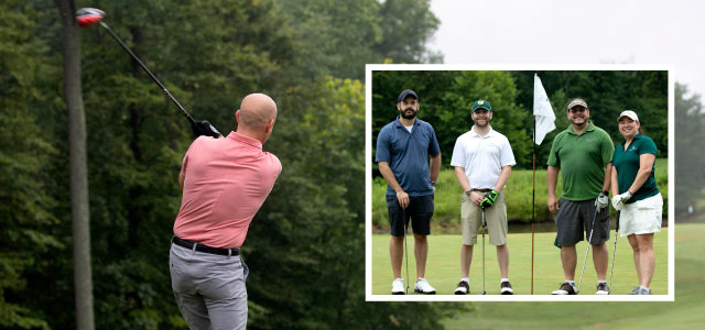 Back of a male golfer swinging. Group shop of a foursome, three males and one female